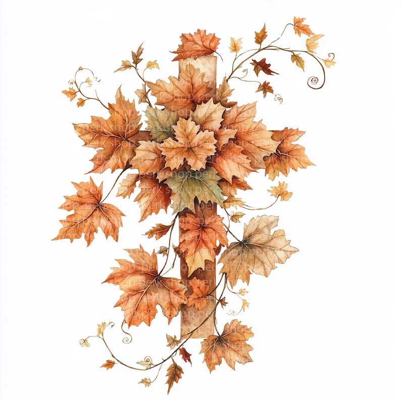 Autumn Leaves Cross Watercolor Clipart, Christian Fall Cross PNG, Faith ...