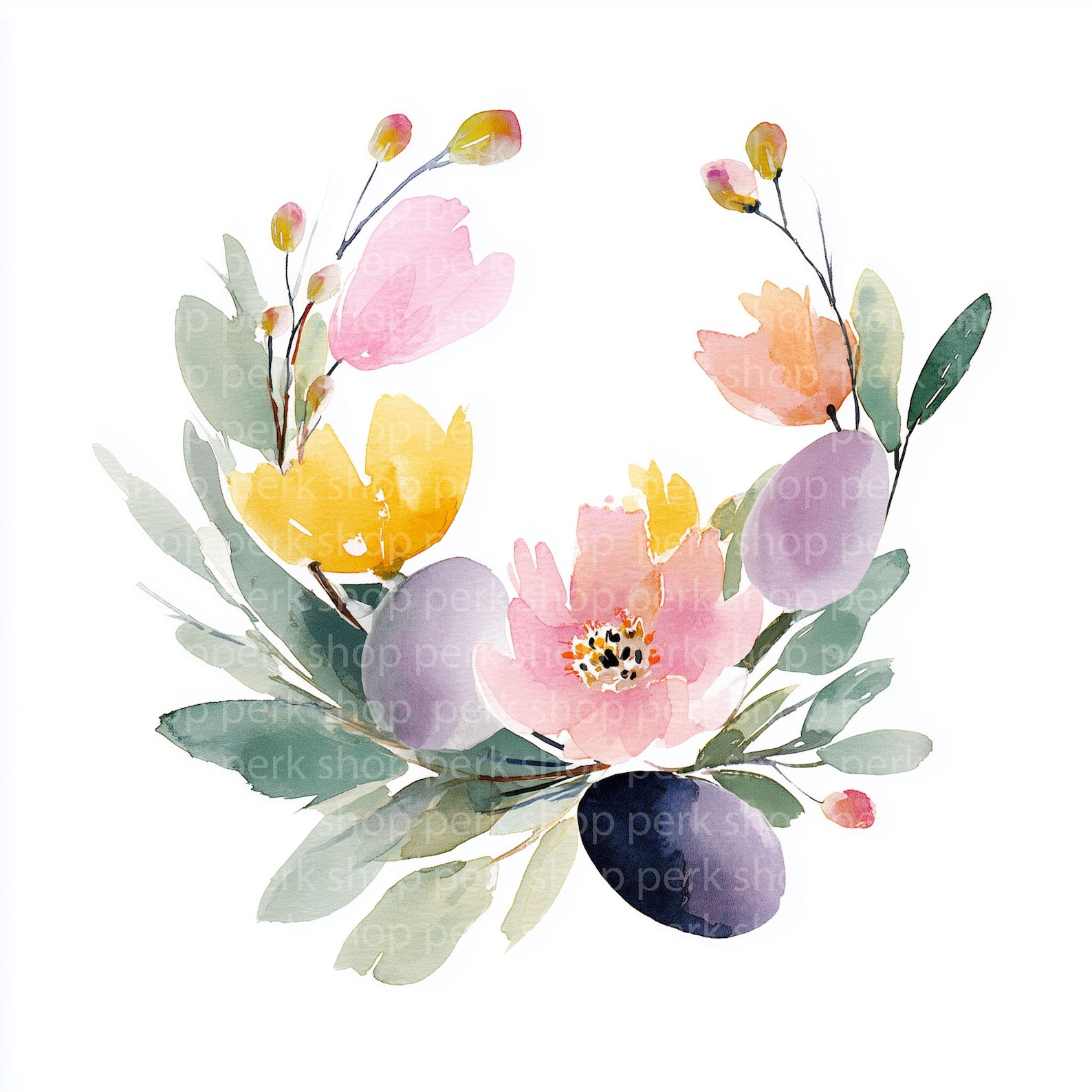8 Easter Floral Wreath Clipart PNG, Watercolor Eggs Flowers Clip Art ...