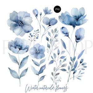 12 PNG Clipart di fiori astratti invernali ad acquerello, Arte di fiori selvatici stampabile, Carte floreali e botaniche blu, Carta digitale Junk Journal