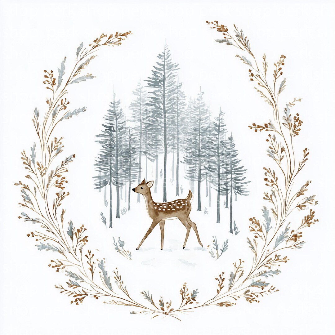Whimsical Fawn Clipart: Winter Deer Watercolor Hand Drawn Illustration ...
