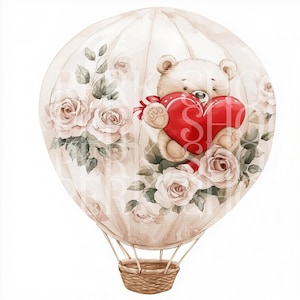 12 Teddybär Rose Heißluftballon Clipart, Aquarell Valentinstag niedlich druckbare Kunst, Scrapbooking, Handwerk Karte Papier, digitaler Download jpg