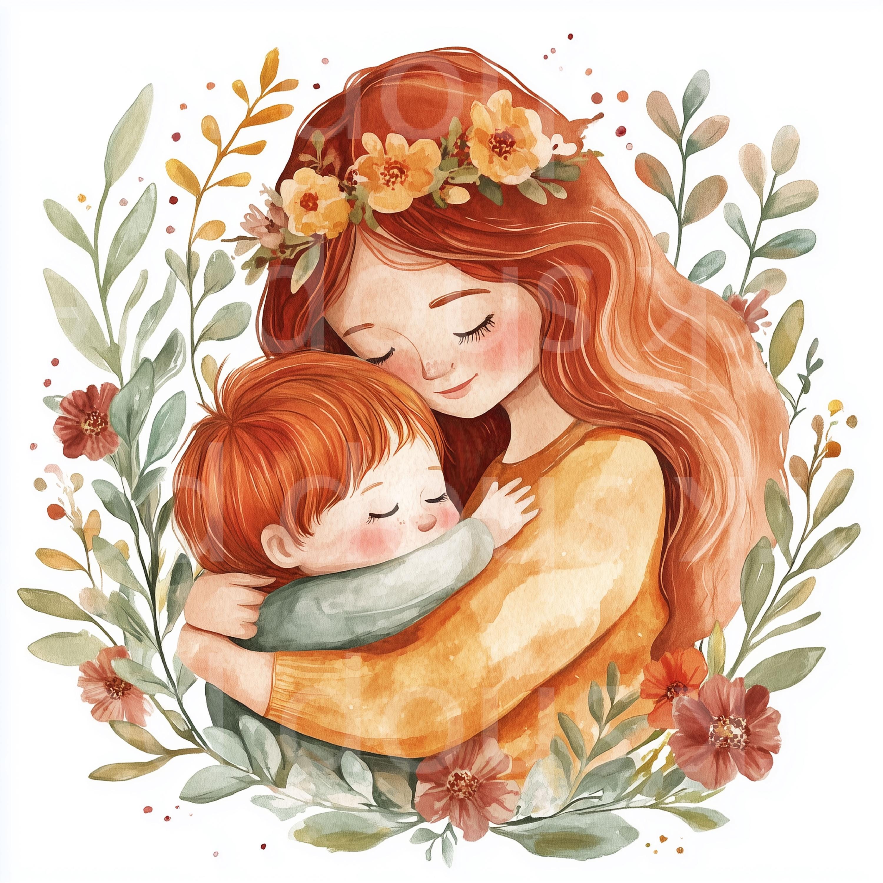 水彩画の母と子のクリップアート：母の日イラスト（デジタル