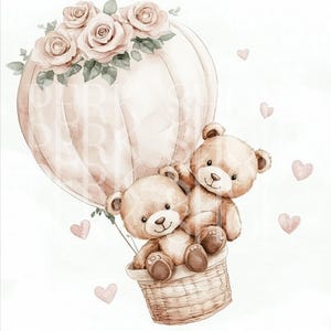 12 clipart de urso de pelúcia, urso em balão de ar, JPGs de aquarela para impressão, Scrapbooking, papel cartão para artesanato, download digital jpg, arte de berçário