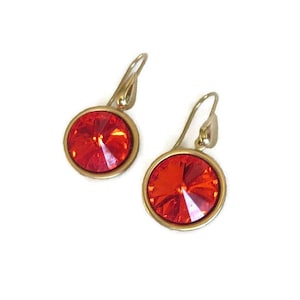 Chinese Red Rivoli Rhinestone Dangle Drop Earrings Vintage