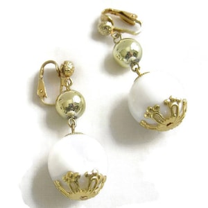 Gold Bead and White Ball Dangle Earrings signed Hong Kong Vintage
