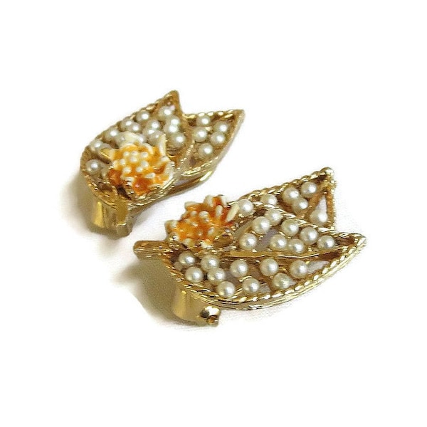BSK Signed Faux Pearls and Enamel Layered Leaf & Flower Earrings Vintage