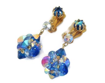 Blue & Pink Aurora Borealis Crystal Earrings Vintage Dangle