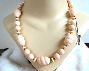 NOS Pink Lucite Molded Bead Necklace and Earrings Set Vintage Signed