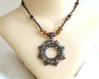 Black & Amber Color Glass Beads with Rhinestone Studded Wreath Pendant Necklace Vintage Beaded Boho Chic