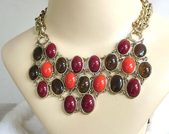 Burgundy, Brown & Orange Lucite Cabochons BIB Necklace Vintage