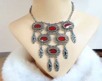 Red & Blue Enamel Filigree Bib Necklace Art Deco Style Poured Vintage