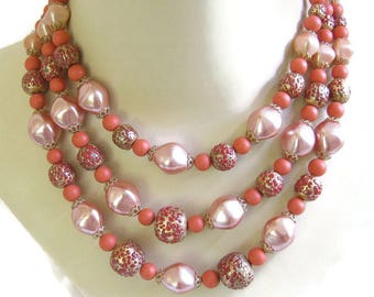 Multi Strand Lucite Necklace Satin Pink, Orange and Gold Beads Vintage Mad Men