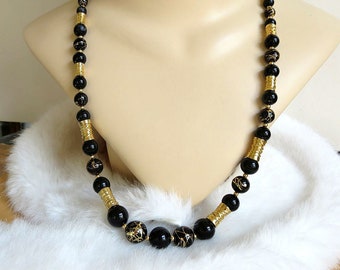 Black & Swirl Gold Beads with Gold Tone Spiral Tube Beads Necklace Vintage Liz Claiborne