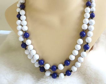 White & Blue Beads 2 Strand Necklace Vintage Lucite