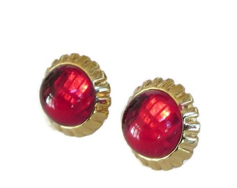 Red Lucite Cabochon Button Earrings Vintage High Domed