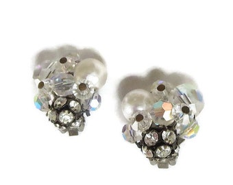 Aurora Borealis Crystals Cluster Earrings with Faux Pearls & Rhinestone Rondelles Vintage