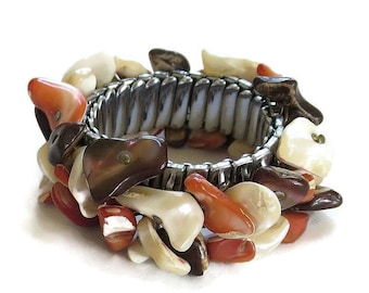 Multi-Color Polished Shell Expansion Bracelet Vintage Signed Japan