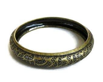 Black Enamel & Burnished Gold Tone Bangle Bracelet Vintage Egyptian Style