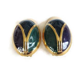 Purple, Blue & Green Poured Enamel Earrings Vintage Abstract Scarab Design