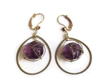 Amethyst Purple Lucite Bead Wire Wrapped Dangle Earrings Vintage Boho