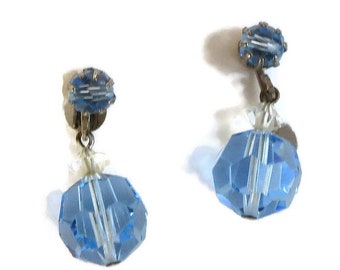 Blue and Clear Glass Crystal Dangle Drop Earrings Vintage