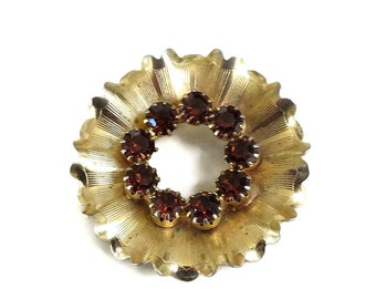 Amber Rhinestones Wreath or Circle Brooch Vintage Mid-Century