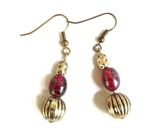 Gold Tone & Red Beads Dangle Earrings Vintage Boho