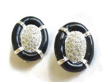 Pave Rhinestone Oval Earrings with Black Enamel Vintage