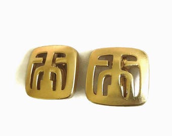 Asian Style Matte Gold Tone Earrings Vintage