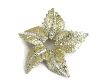 Aurora Borealis Rhinestone Leaf Wreath Brooch Vintage Textured