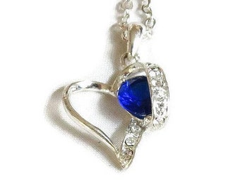 Blue & Clear Rhinestones Heart Pendant Necklace Vintage Wedding Bridal