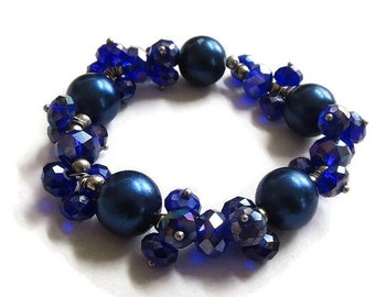 Blue Beads & Purple Crystals Bracelet Vintage Stretch