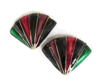 Poured Enamel Fan Earrings Red, Blue & Green Vintage