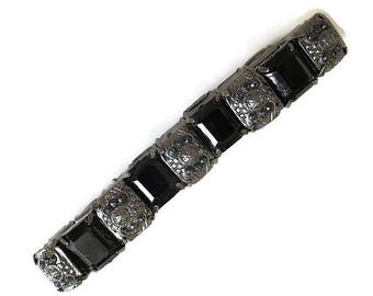 Black Glass & Carnival Glass Rhinestones Stretch Bracelet Vintage Etruscan Style