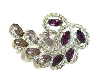 Shades of Purple & Aurora Borealis Rhinestones Swirl Brooch Vintage