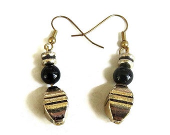 Gold Tone & Black Beads Dangle Earrings Vintage Boho