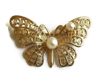 Faux Pearls Filigree Butterfly Brooch Vintage