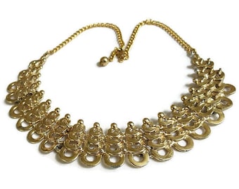 Wide Woven Gold Tone Choker Necklace Vintage Scallops