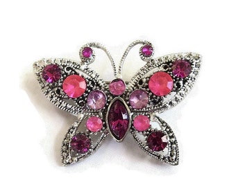 Pink & Fuchsia Rhinestone Butterfly Brooch Vintage