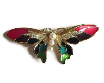 Enamel, Rhinestones & Pearl Butterfly Brooch Vintage