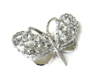 Clear Rhinestone Butterfly Brooch Vintage Silver Tone