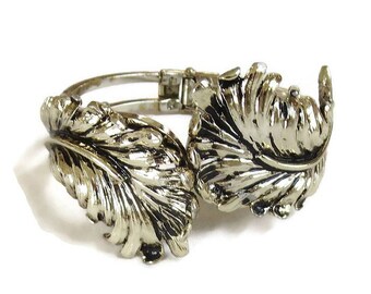 Antiqued Leaf Hinged Clamper Bracelet Vintage