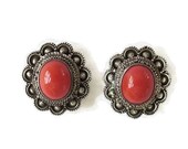 Coral Cabochon Earrings Vintage Etruscan Style Lucite