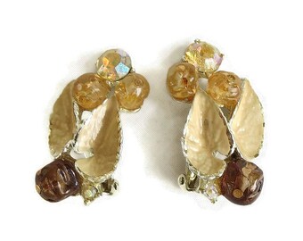 Enamel Leaf Earrings with Crystals & Aurora Borealis Rhinestones Vintage