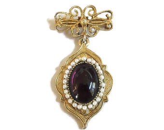 Victorian Style Deep Purple Glass Cabochon and Faux Pearls Dangle Brooch Vintage