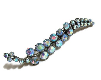 Blue Aurora Borealis Rhinestone Leaf Brooch Vintage 1940’s Long