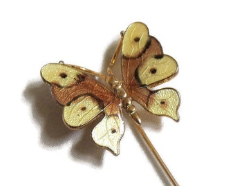 Yellow and Brown Guilloche Enamel Butterfly Stick Pin or Brooch Vintage