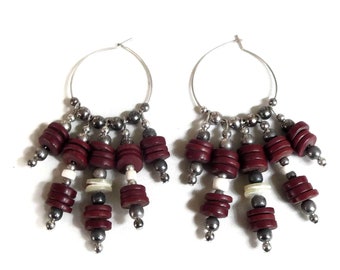 Red and Abalone Discs with Silver Tone Ball Beads Hoop Dangle Beads Earrings Vintage Boho Hippie