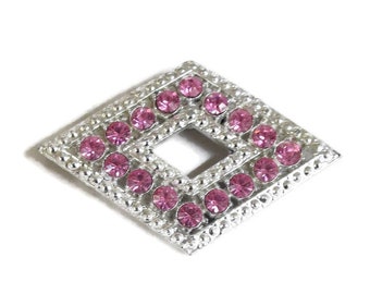 Pink Rhinestones Silver Tone Diamond Shape Brooch Vintage Mid-Century