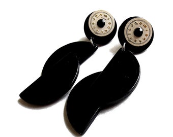 Retro Abstract Black Lucite Clock Dangle Earrings Vintage